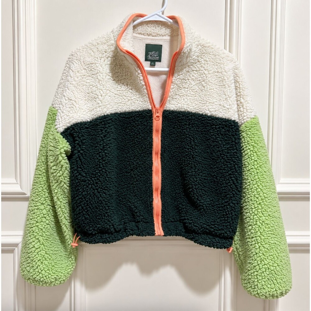 Wild Fable Teddy Sherpa Jacket XS Colorblock Fleece Full Zip Cropped Cozy Plush